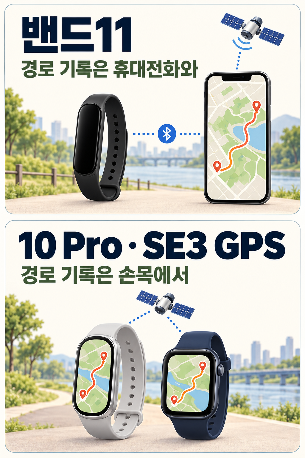밴드 11은 휴대전화로, 10 Pro와 SE3는 내장 GPS로 경로 기록