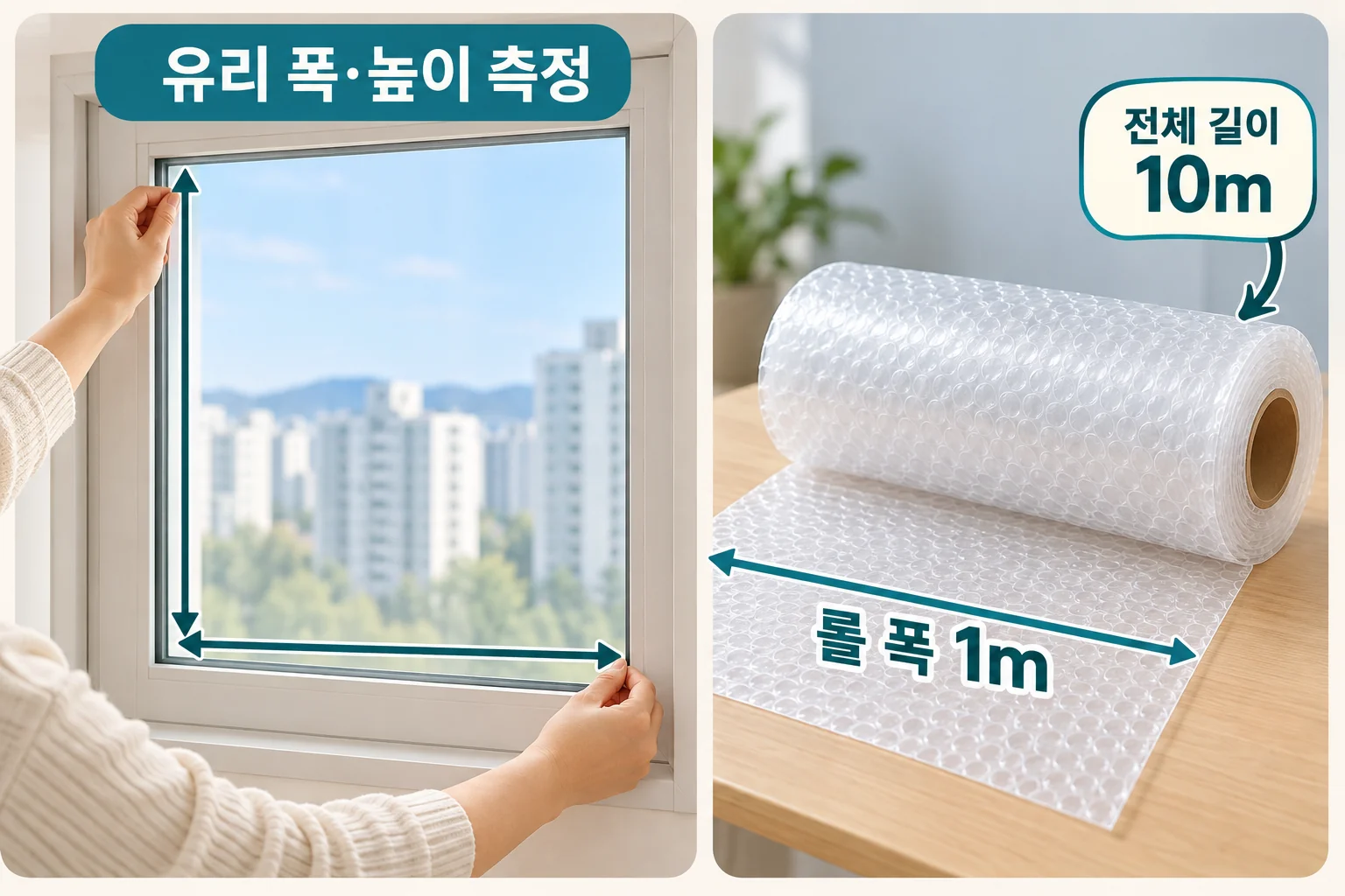 창틀을 제외한 유리 폭과 높이를 재고 롤 폭 1m와 전체 길이 10m를 구분하는 그림