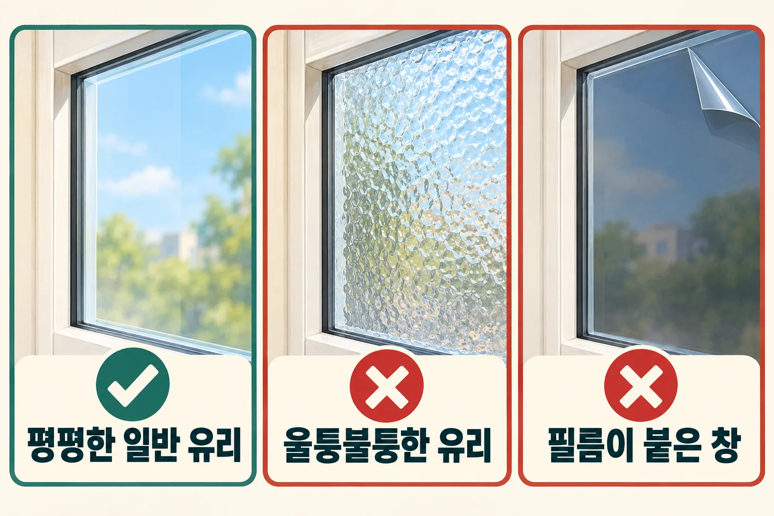 평평한 일반 유리는 부착 대상이고 울퉁불퉁한 유리와 필름이 붙은 창은 제외하는 그림