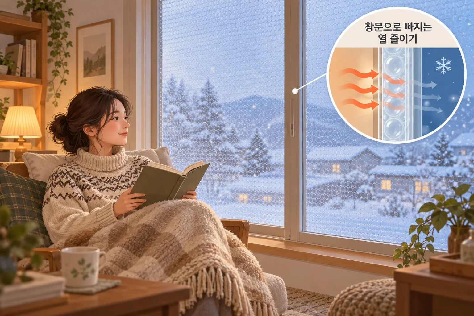 눈 내리는 겨울 창밖과 단열 뽁뽁이를 붙인 창 안쪽의 생활 장면, 공기층이 창문으로 빠지는 열을 줄이는 원리
