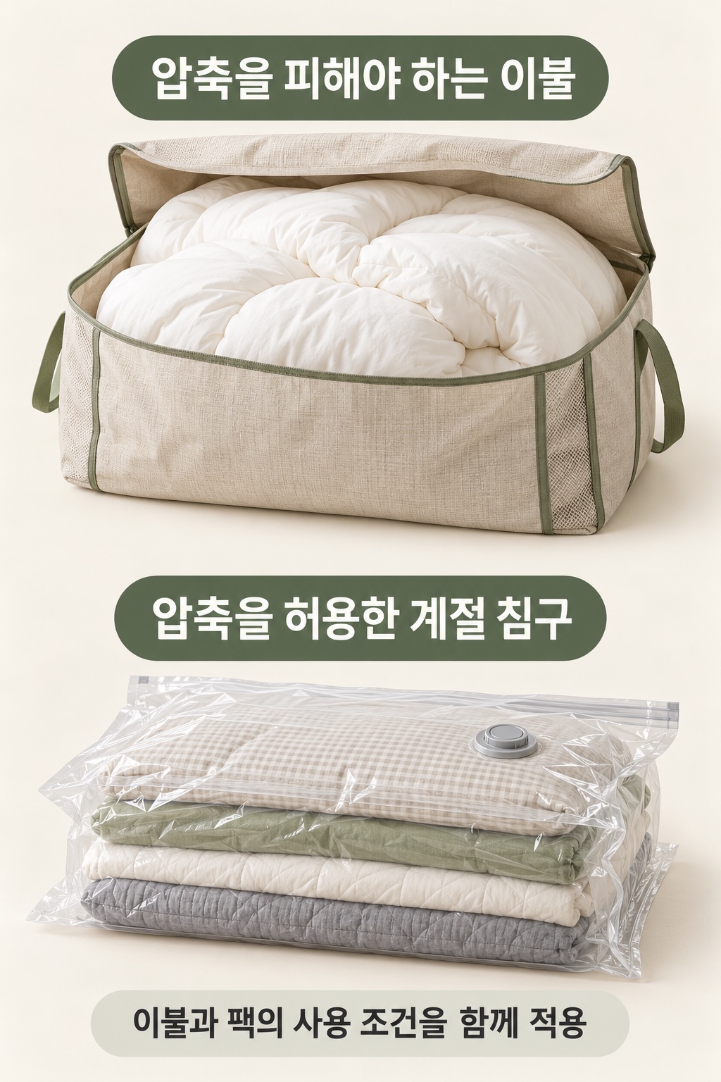 압축 금지 이불은 느슨하게, 허용된 침구만 압축팩에 보관