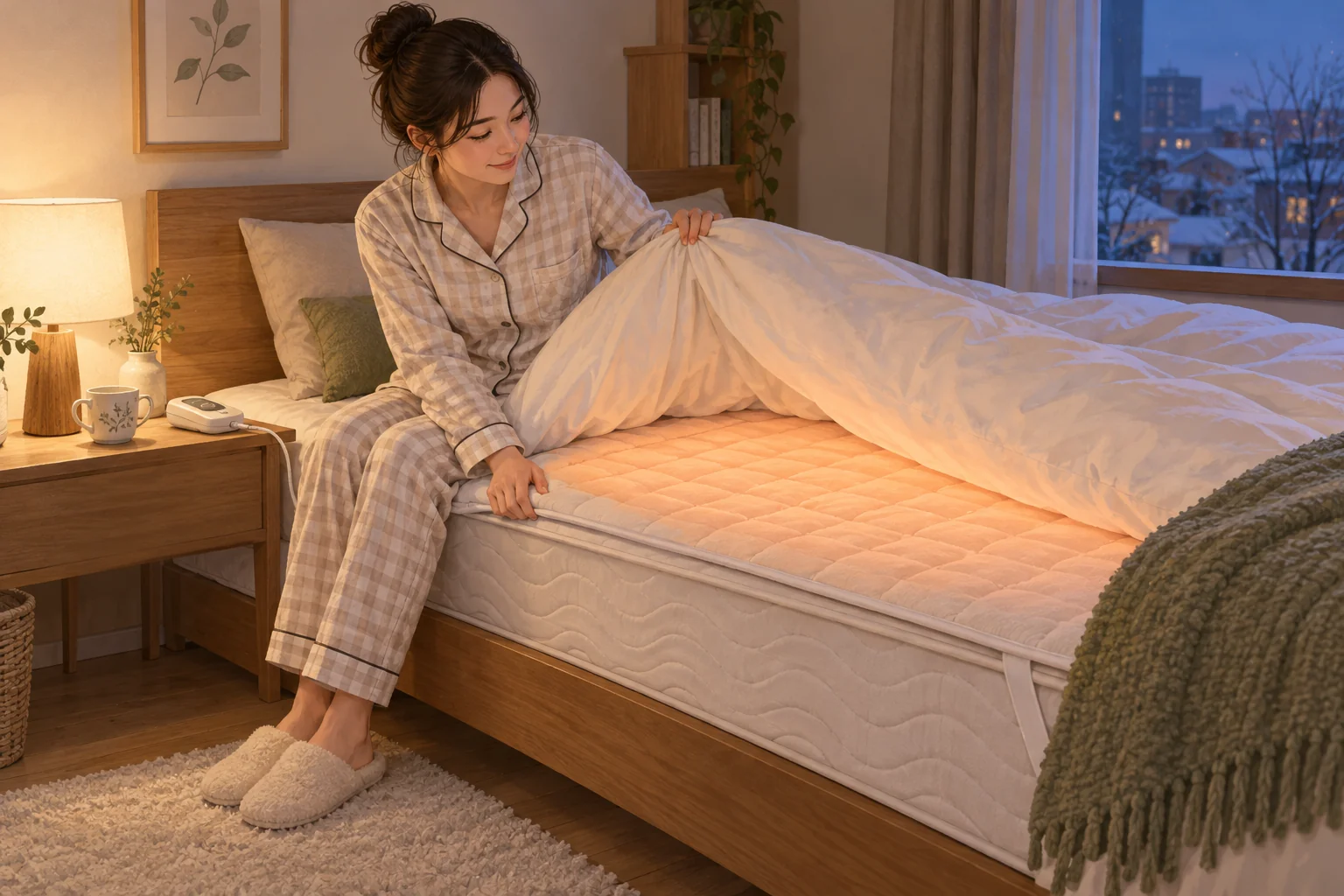 추운 겨울밤 침대에 평평하게 깐 전기요로 누울 자리를 데우고 이불에 들어갈 준비를 하는 장면
