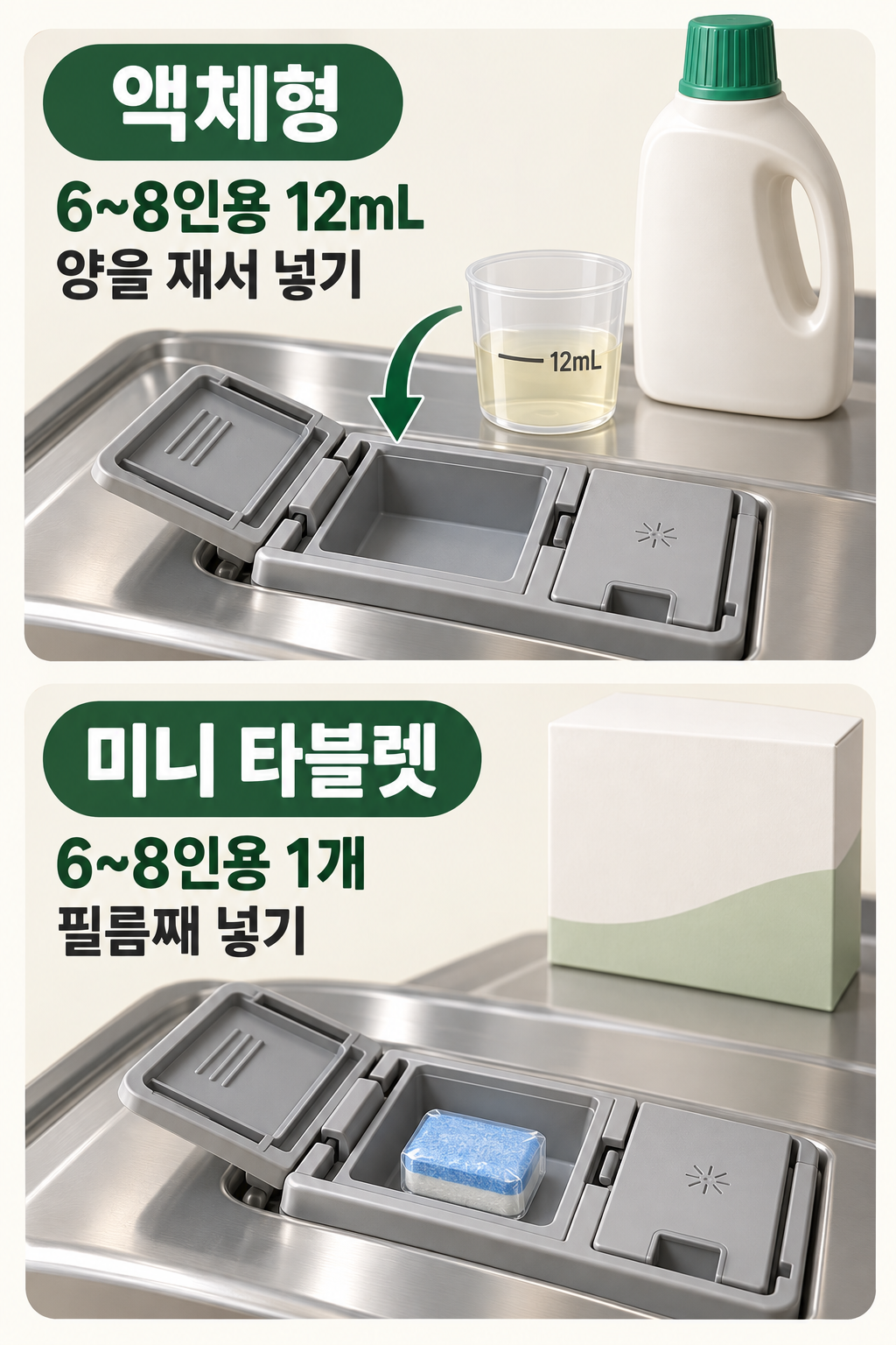 6~8인용 기준 액체 12mL를 재거나 미니 타블렛 한 알을 필름째 투입