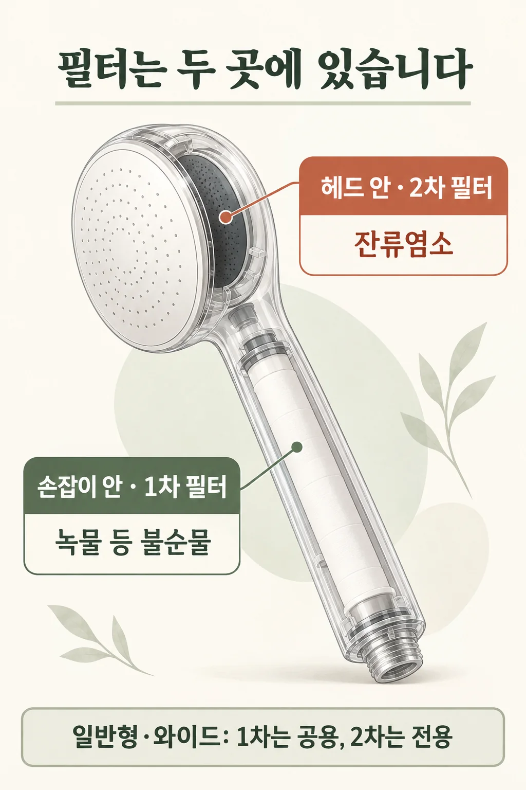 손잡이 안의 1차 필터와 헤드 안의 2차 필터 위치
