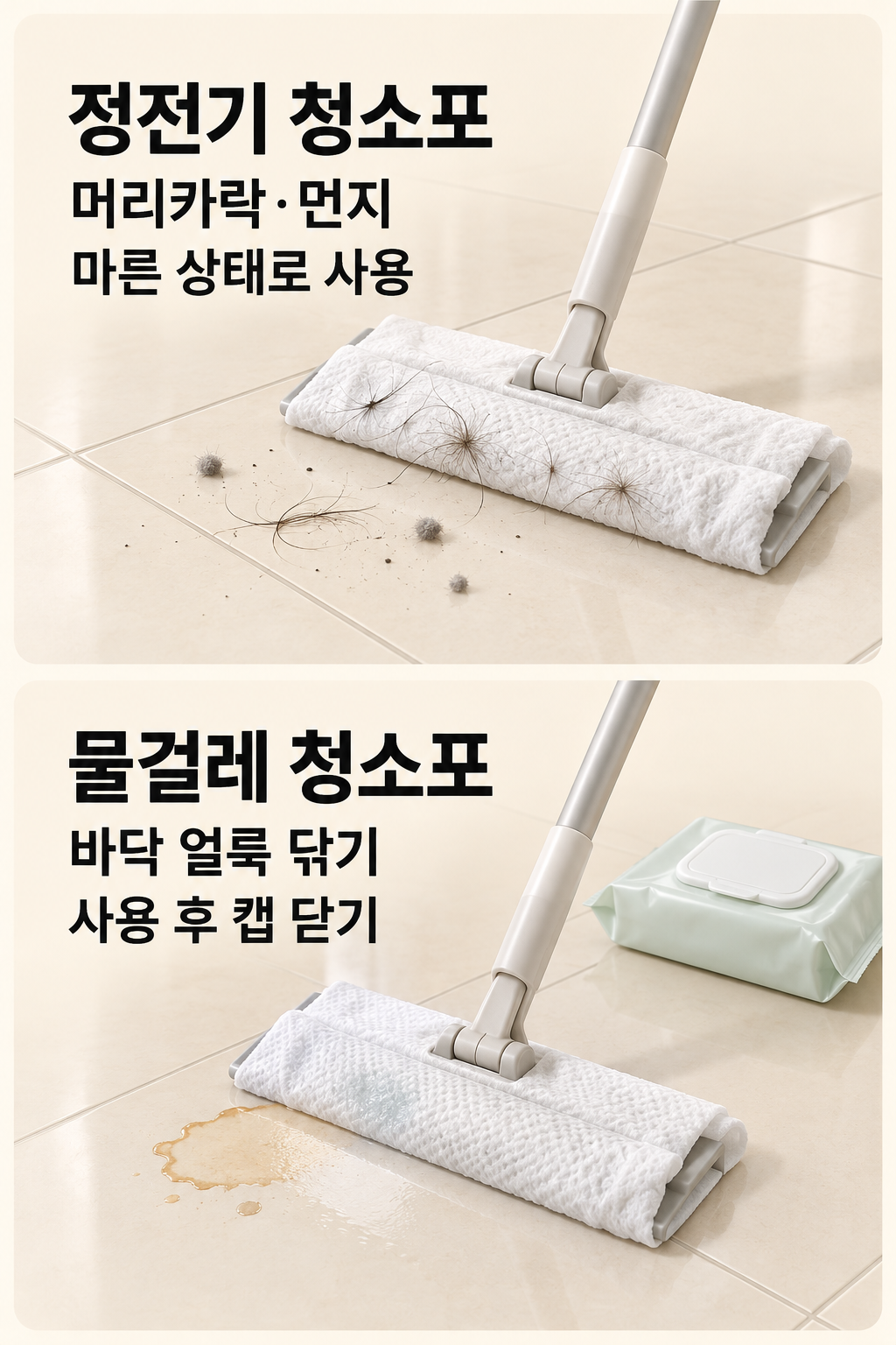 정전기 청소포는 마른 먼지, 물걸레 청소포는 얼룩을 닦는 용도