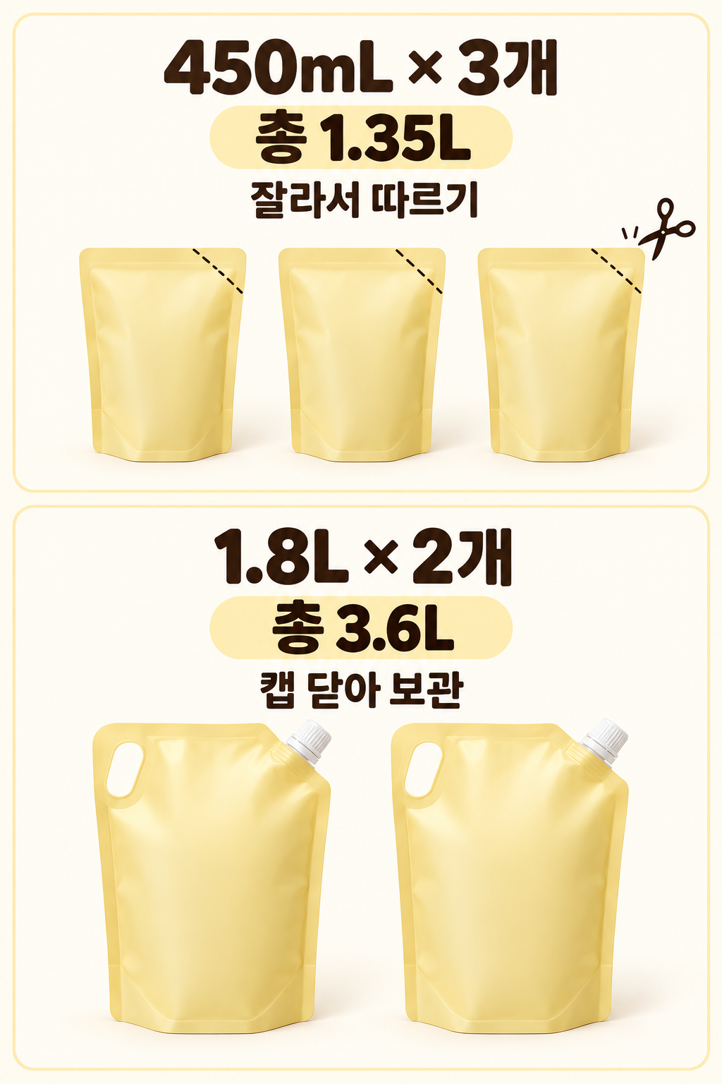 450mL는 잘라 따르고 1.8L는 캡을 닫아 남은 양을 보관