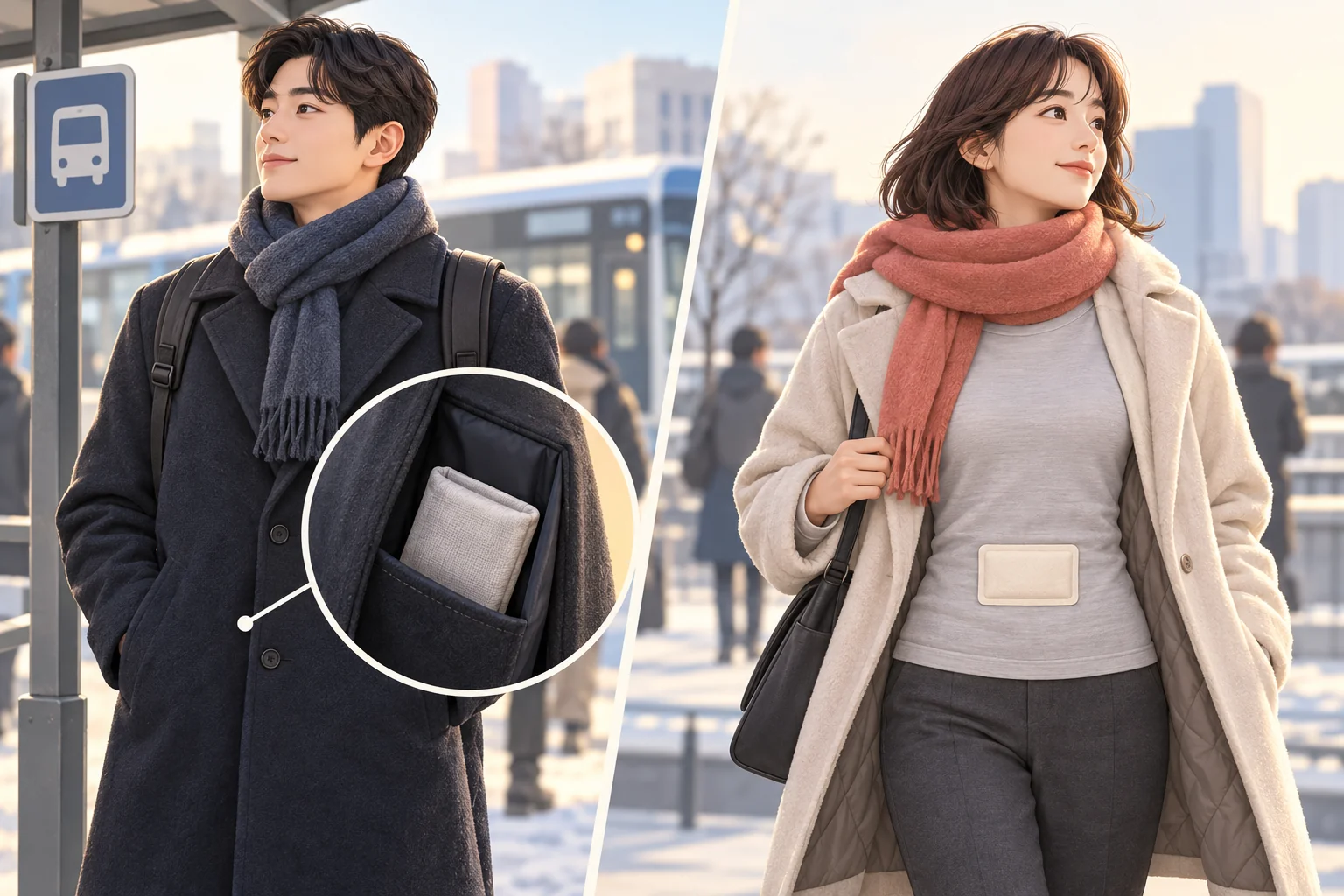 출근길 주머니 속 천에 감싼 핫팩과 옷 위에 붙인 핫팩