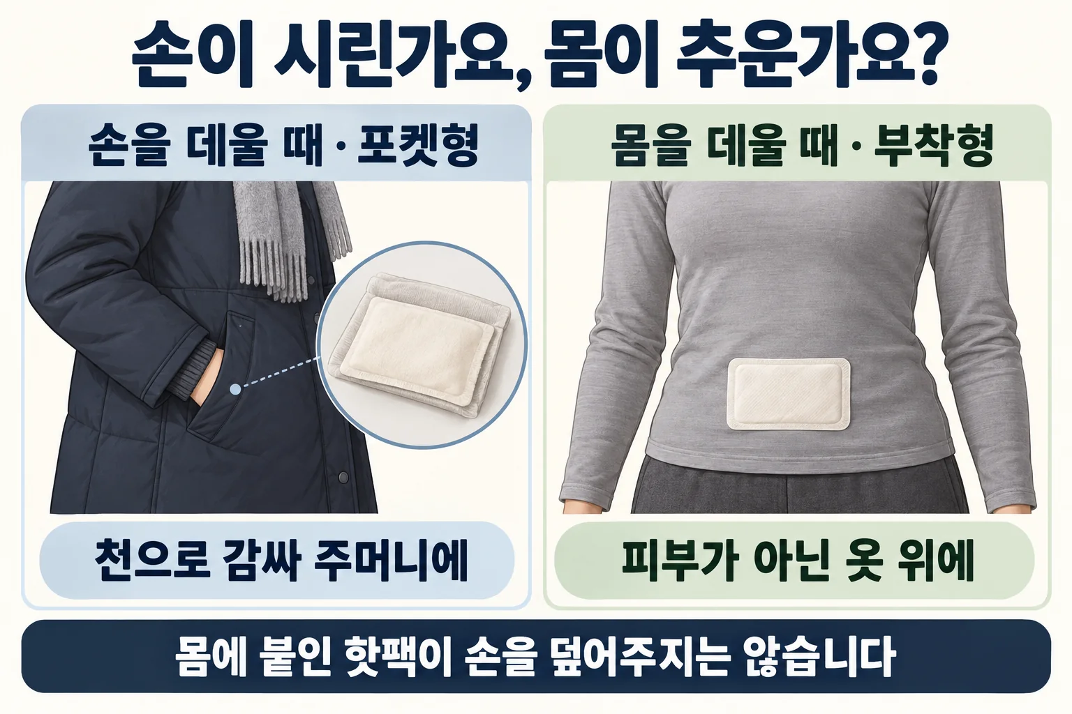 천으로 감싸 주머니에 쓰는 포켓형과 맨살이 아닌 옷 위에 붙이는 부착형의 보온 위치