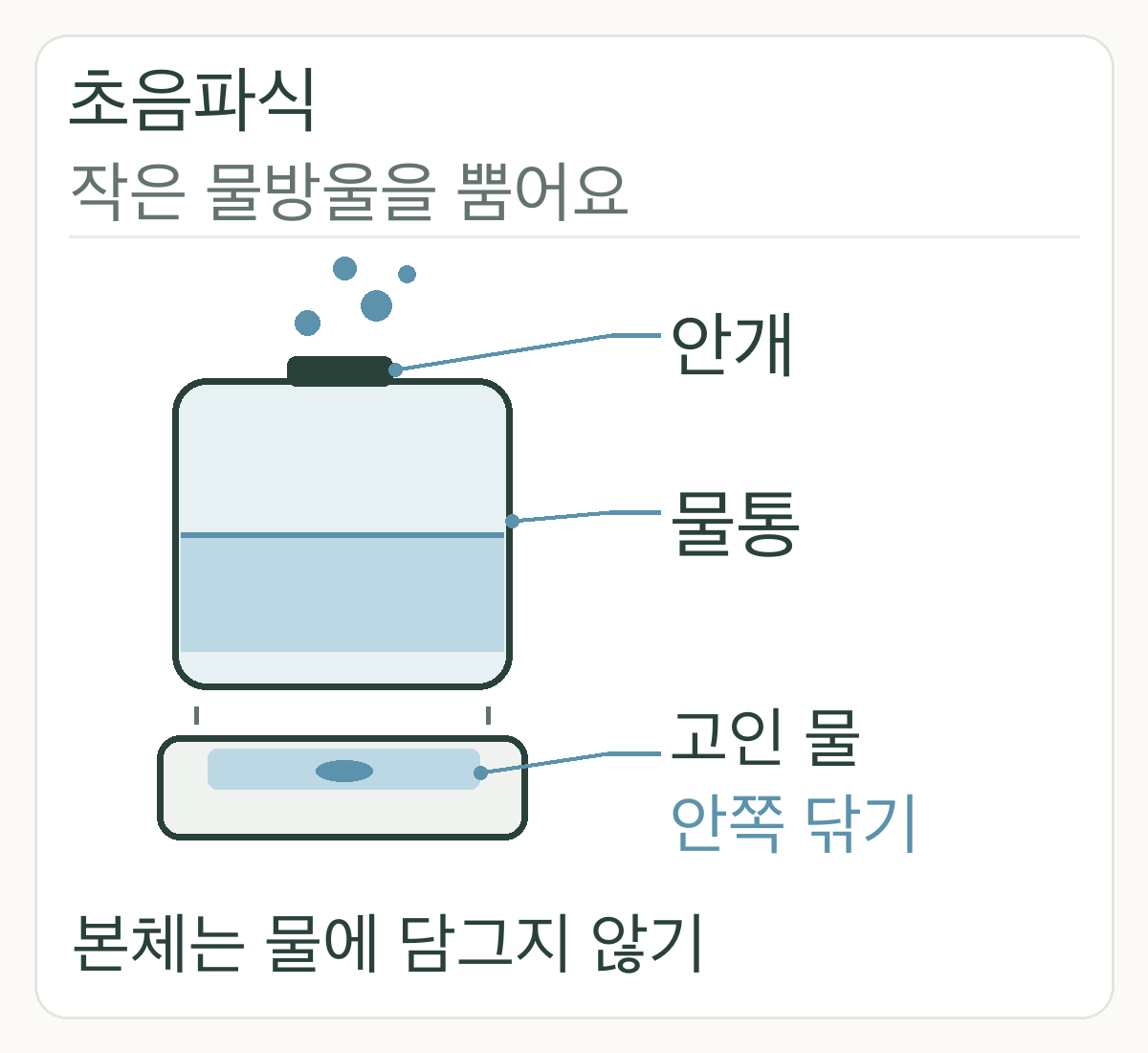 초음파식은 물통 아래 고인 물까지 닦고 본체는 물에 담그지 않음