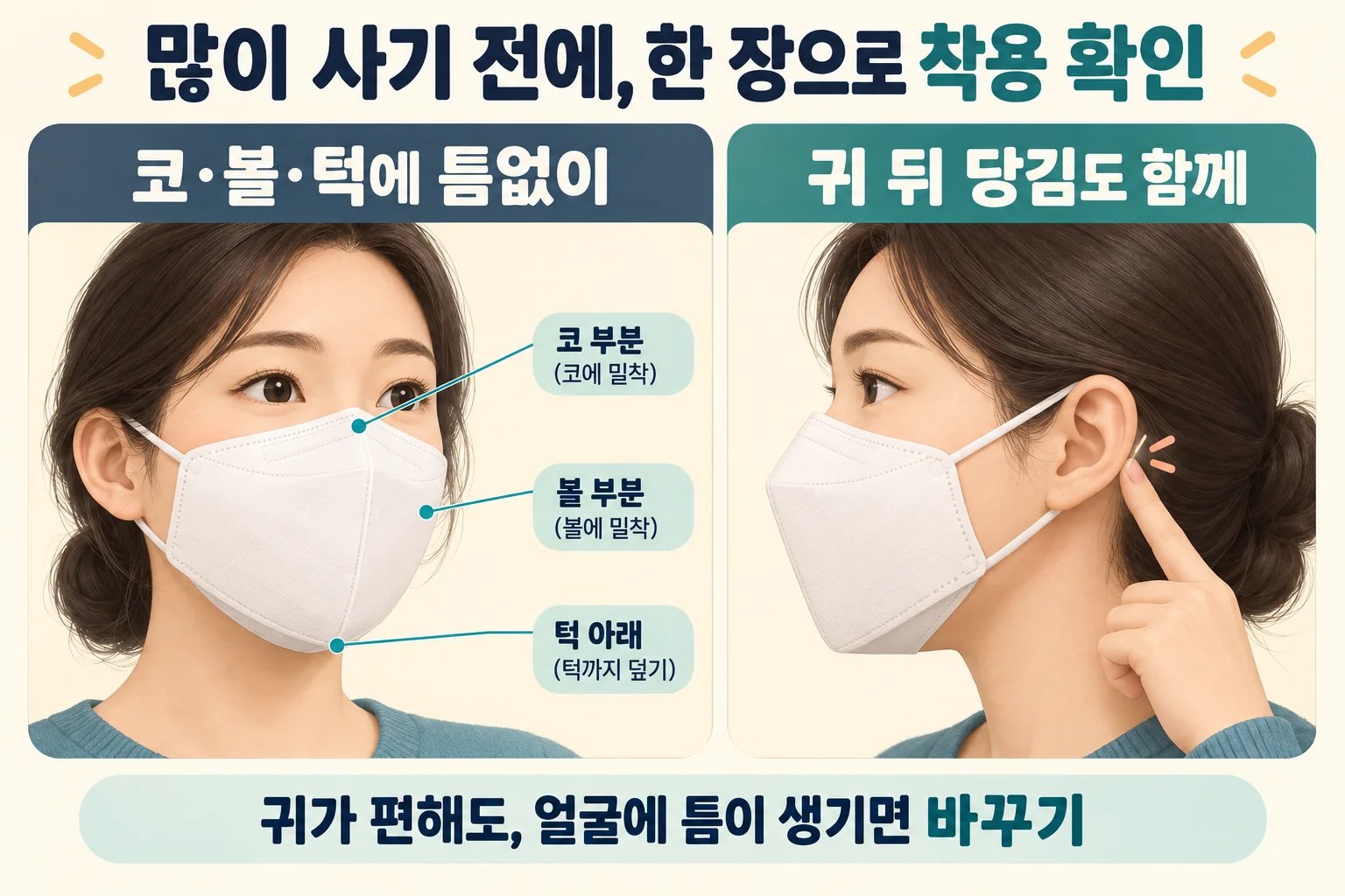마스크 한 장을 써보고 코·볼·턱에 뜨는 곳과 귀 뒤 당김을 살피는 그림