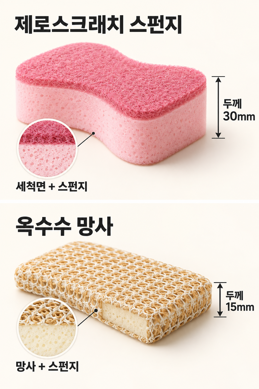 세척면을 붙인 30mm 스펀지와 망사로 감싼 15mm 스펀지