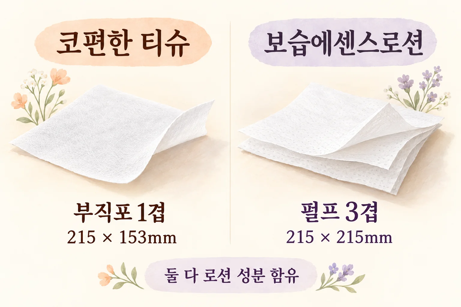 코편한의 부직포 1겹과 보습에센스로션의 펄프 3겹, 한 장 크기를 비교하는 설명 그림