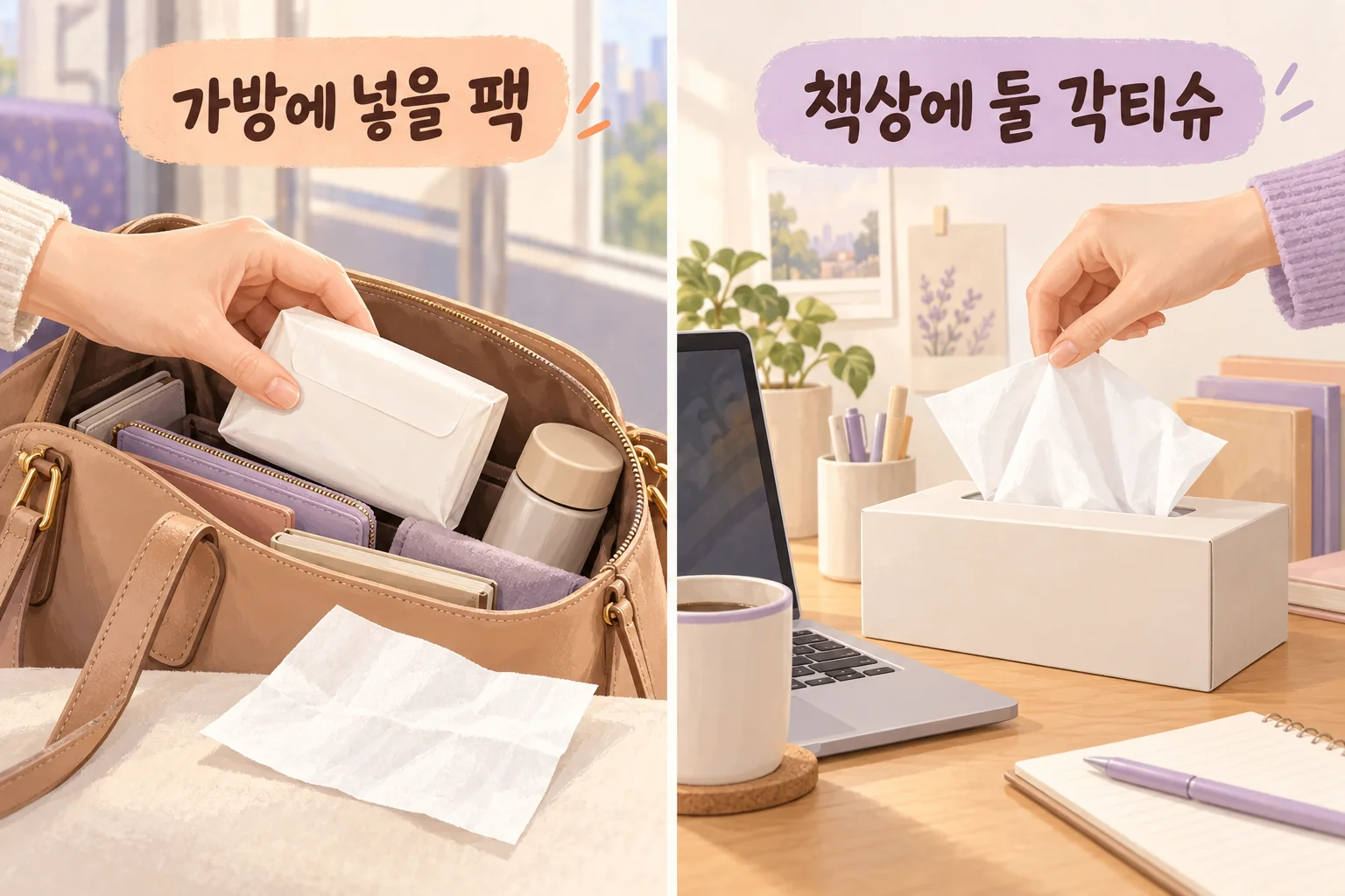 가방에서 꺼내는 작은 티슈 팩과 책상 위에서 뽑아 쓰는 각티슈를 비교한 그림