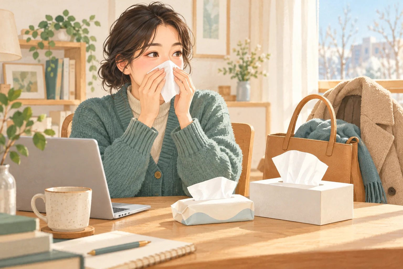 겨울 옷차림으로 코를 닦는 사람과 책상 위의 작은 티슈 팩·각티슈