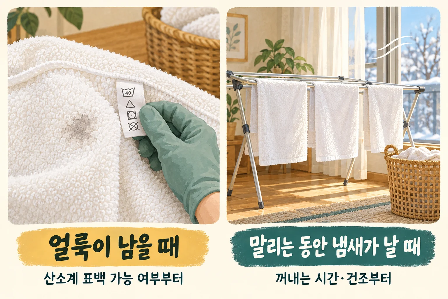수건에 남은 얼룩은 세탁 표시를 보고, 말리는 동안 나는 냄새는 꺼내는 시간과 건조부터 살피는 그림
