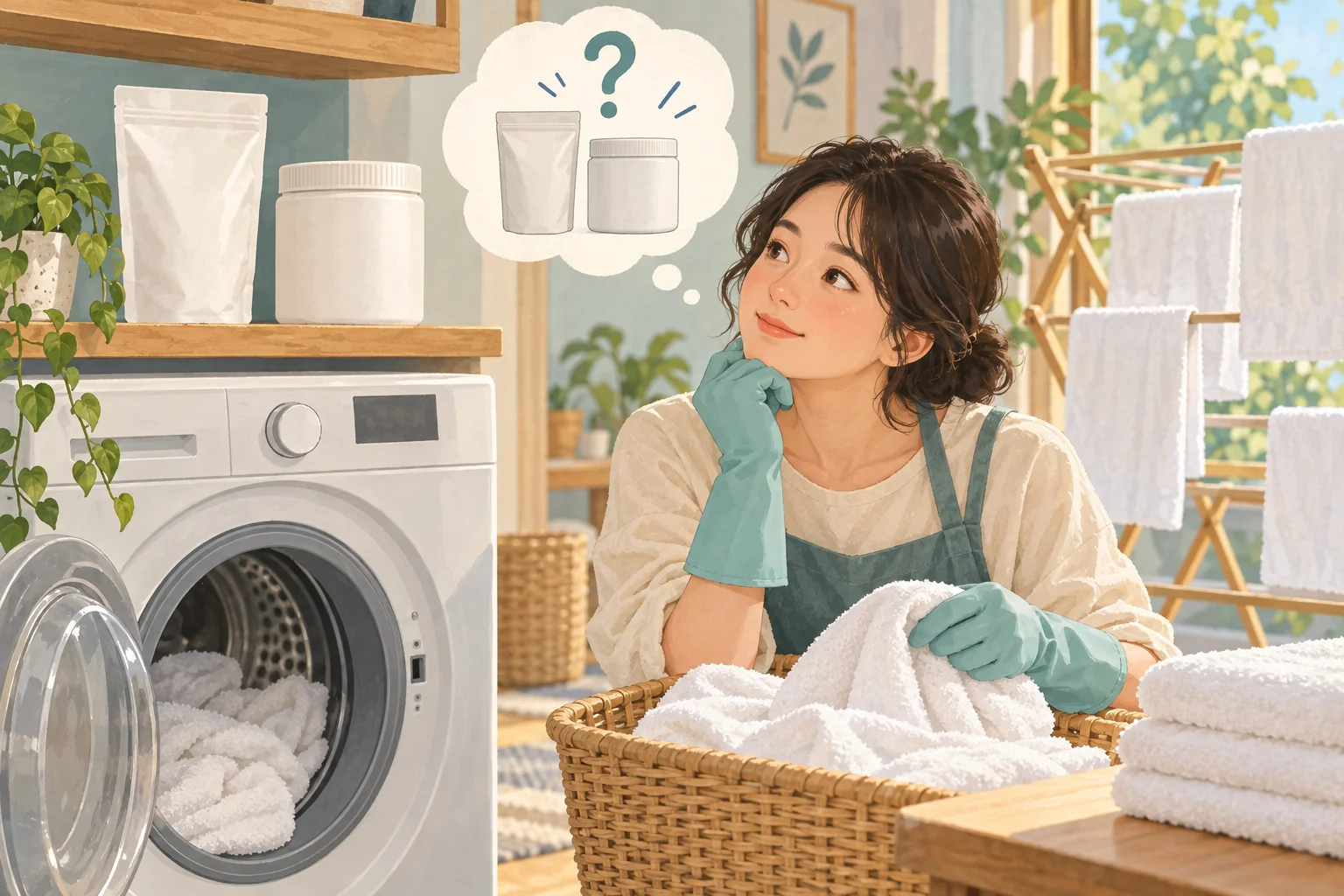 수건 빨래 옆에서 표백제 파우치와 용기를 보며 하나를 고르는 장면