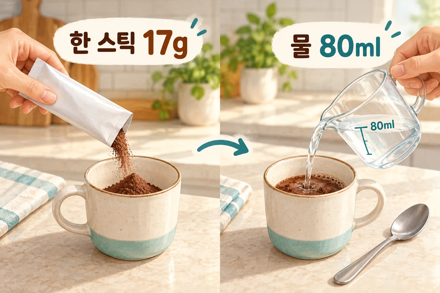 한 스틱 17g을 컵에 넣은 뒤 물 80ml를 계량해 붓는 순서