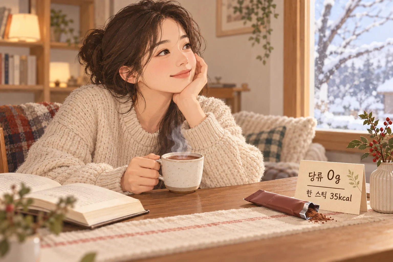 추운 날 작은 코코아 한 잔을 즐기는 사람과 한 스틱의 당류 0g·35kcal 표시를 함께 보여주는 장면
