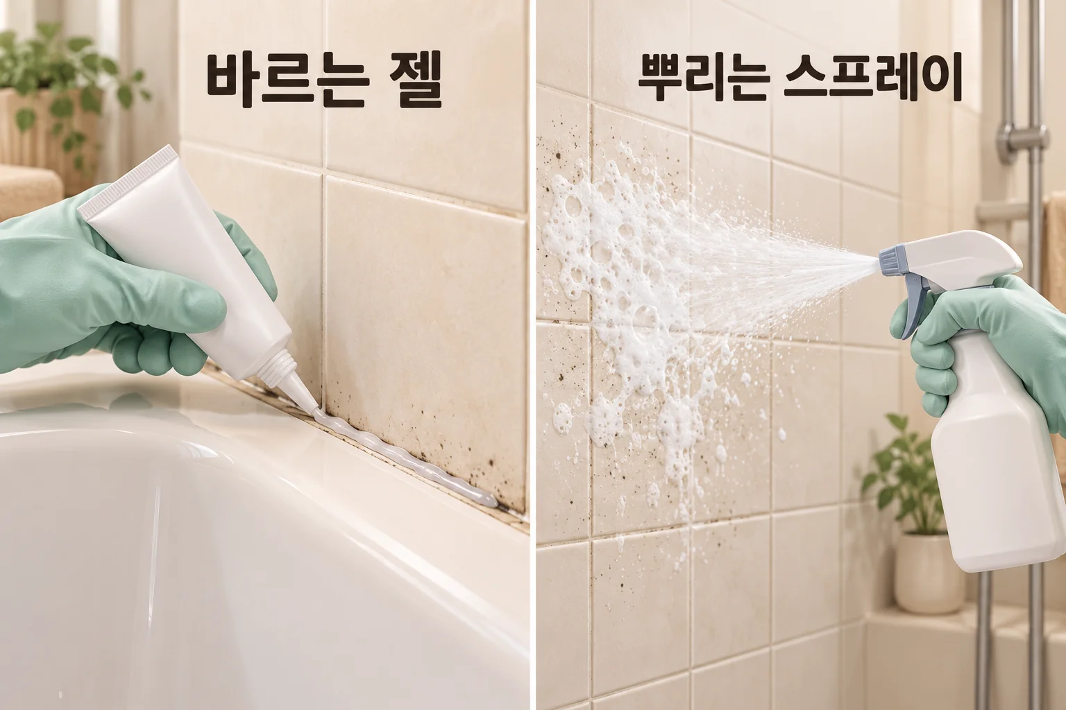 실리콘의 좁은 선을 따라 젤을 바르는 장면과 넓은 타일 면에 거품을 분사하는 장면