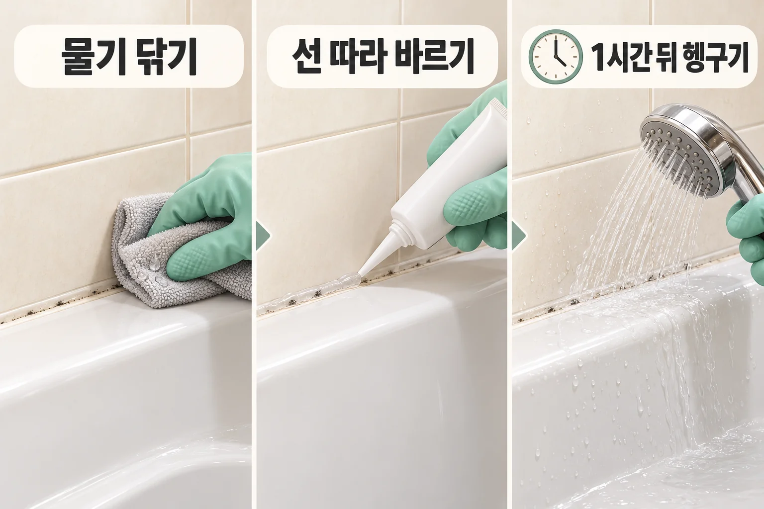 실리콘의 물기를 닦고 선을 따라 젤을 바른 뒤 1시간 후 물로 헹구는 순서
