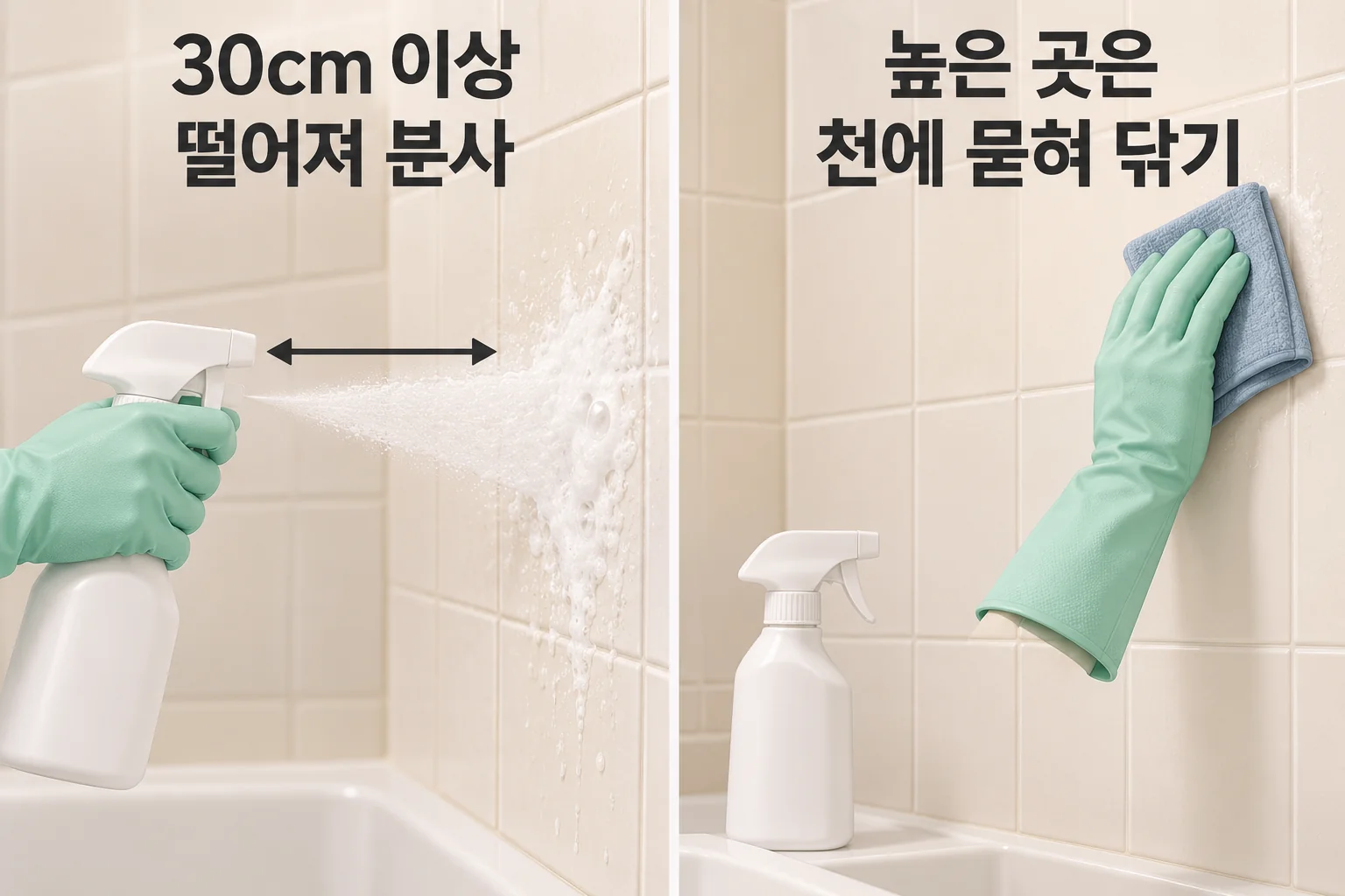 타일에서 30cm 이상 떨어져 분사하고 높은 곳은 천에 묻혀 닦는 두 가지 방법