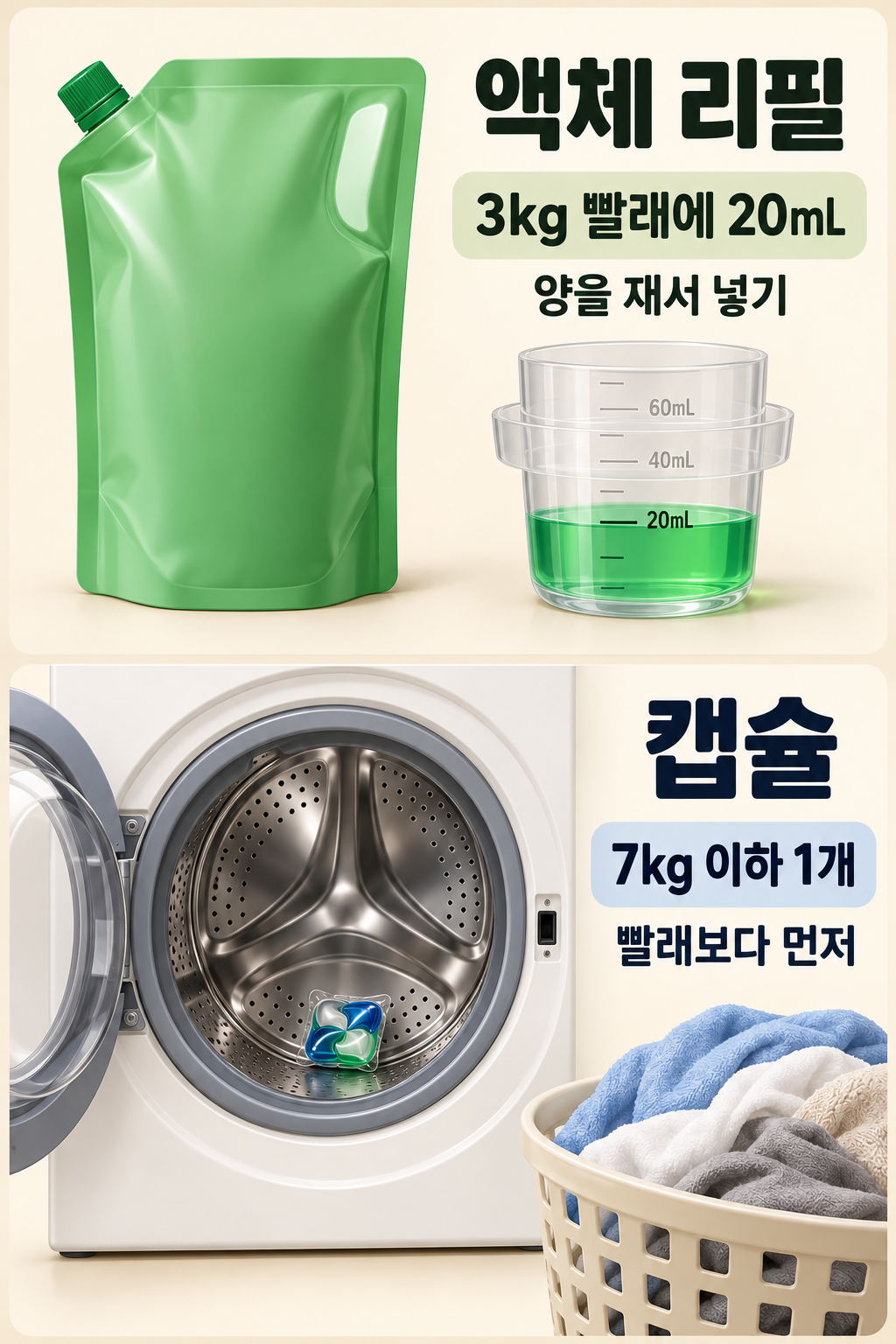 액체는 양을 재서 넣고 캡슐은 빈 세탁조에 빨래보다 먼저 투입