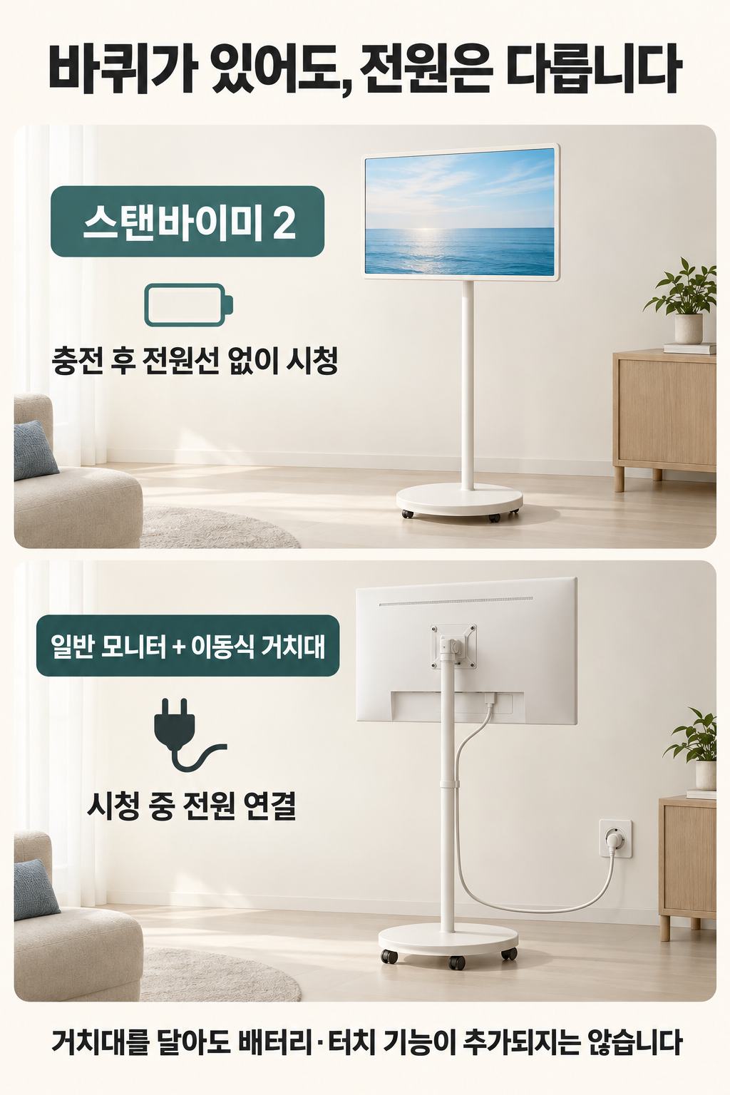 스탠바이미 2는 충전 후 무선 시청, 일반 모니터는 전원선 연결 필요