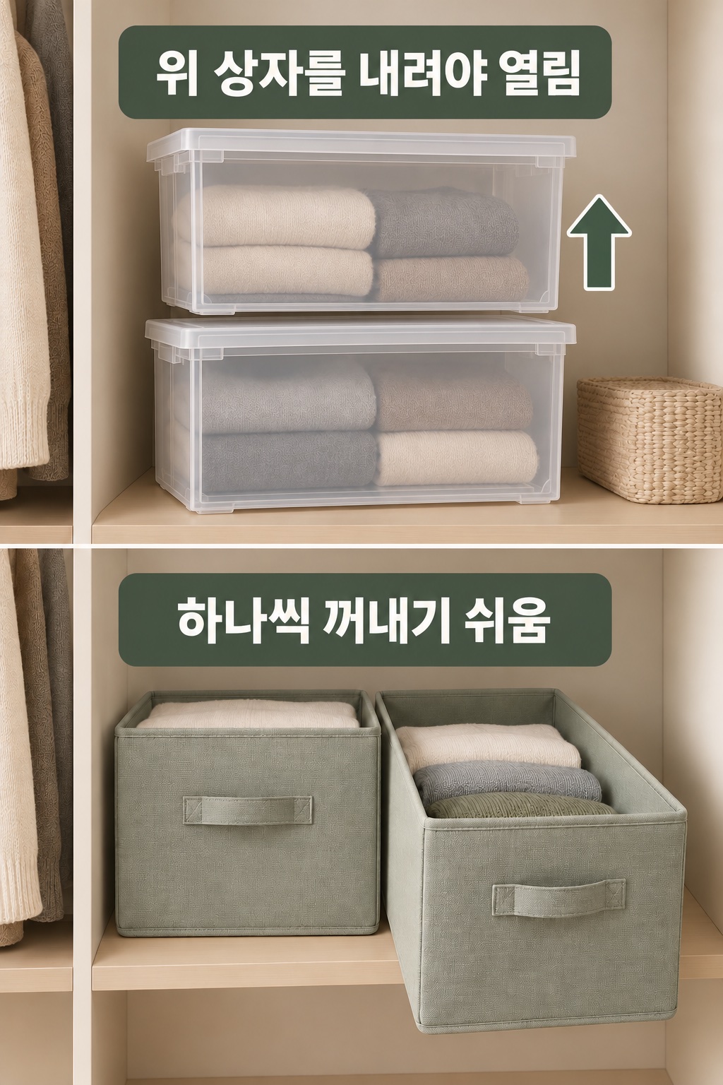 쌓은 뚜껑형은 위 상자를 내려야 열고 나란히 둔 오픈형은 바로 꺼냄