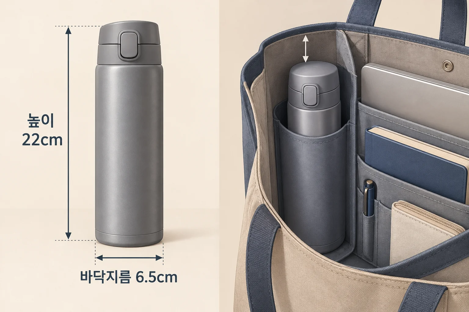 높이 22cm와 바닥지름 6.5cm인 보온병을 가방 안에 세워 넣을 공간을 보여주는 그림