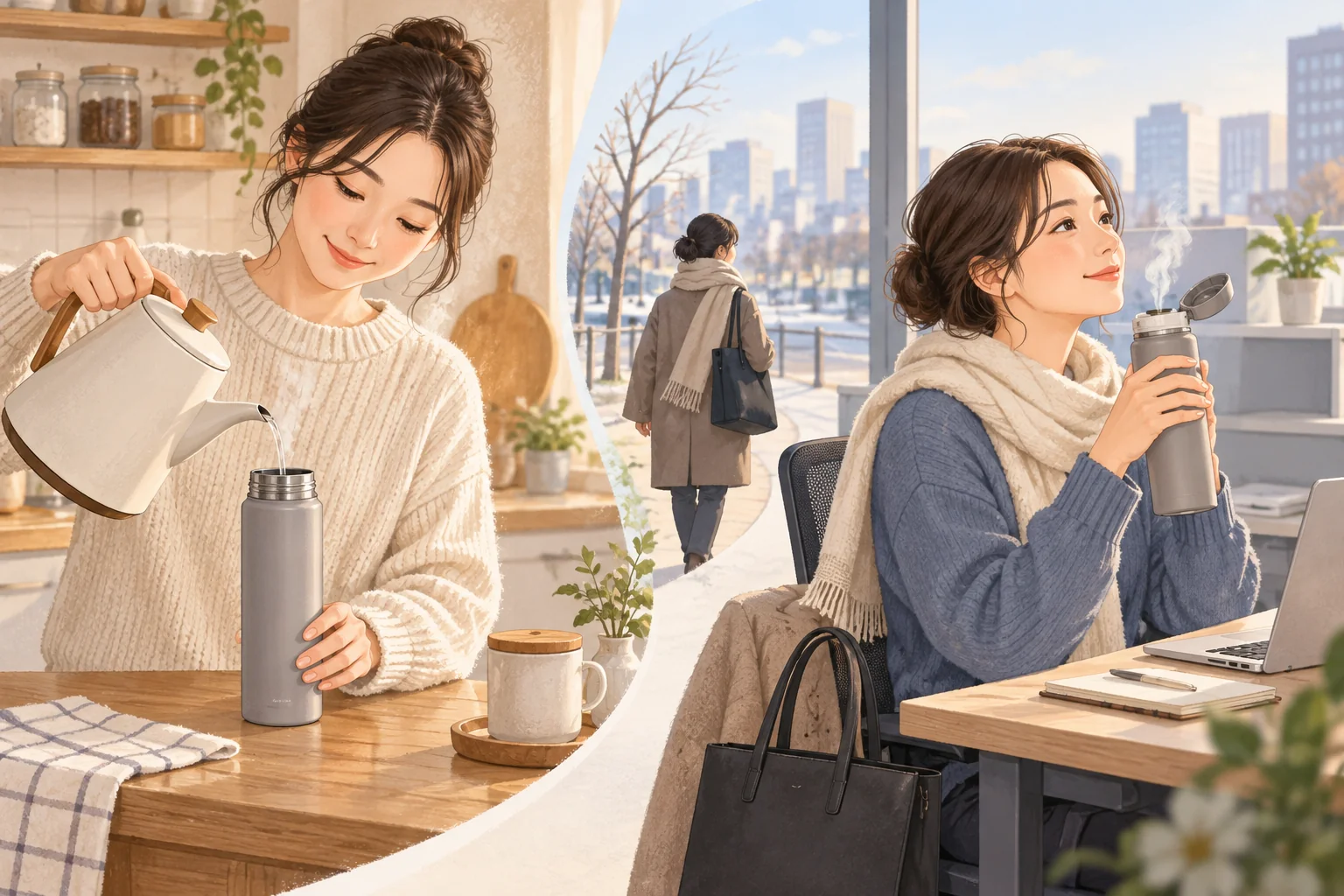 집에서 따뜻한 음료를 보온병에 담아 출근한 뒤 책상에서 꺼내 마시는 장면