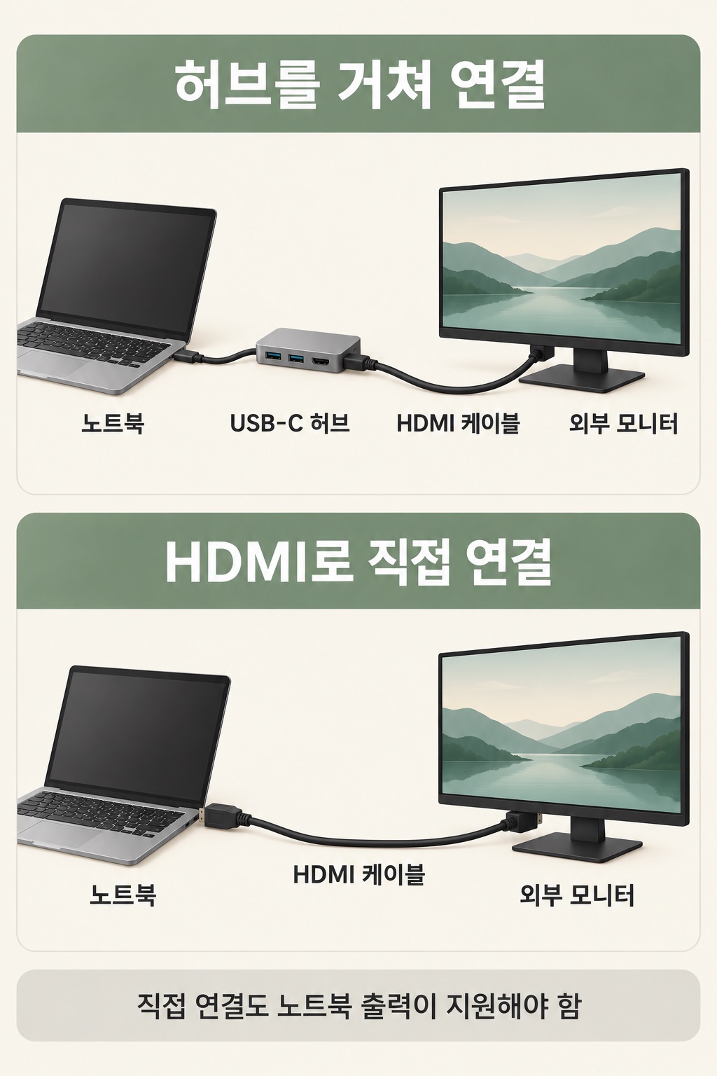 USB-C 허브를 거치는 연결과 노트북 HDMI에 직접 꽂는 연결