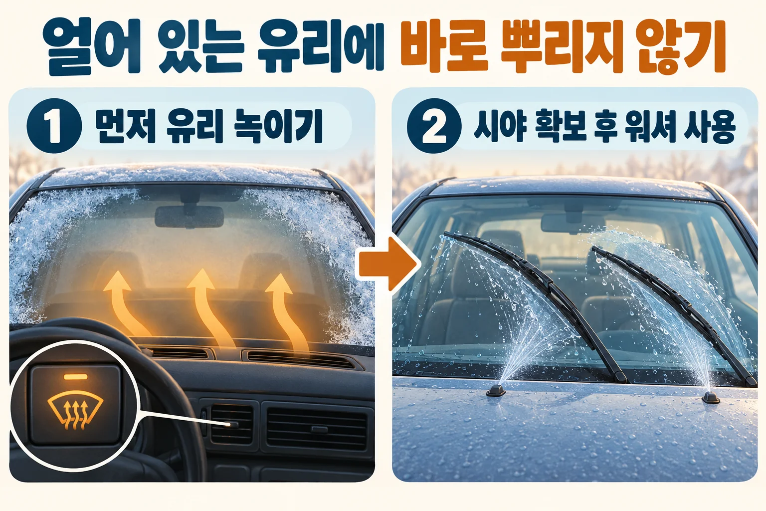 앞유리 서리 제거 기능으로 유리를 먼저 녹인 뒤 시야를 확보하고 워셔액과 와이퍼를 사용하는 순서