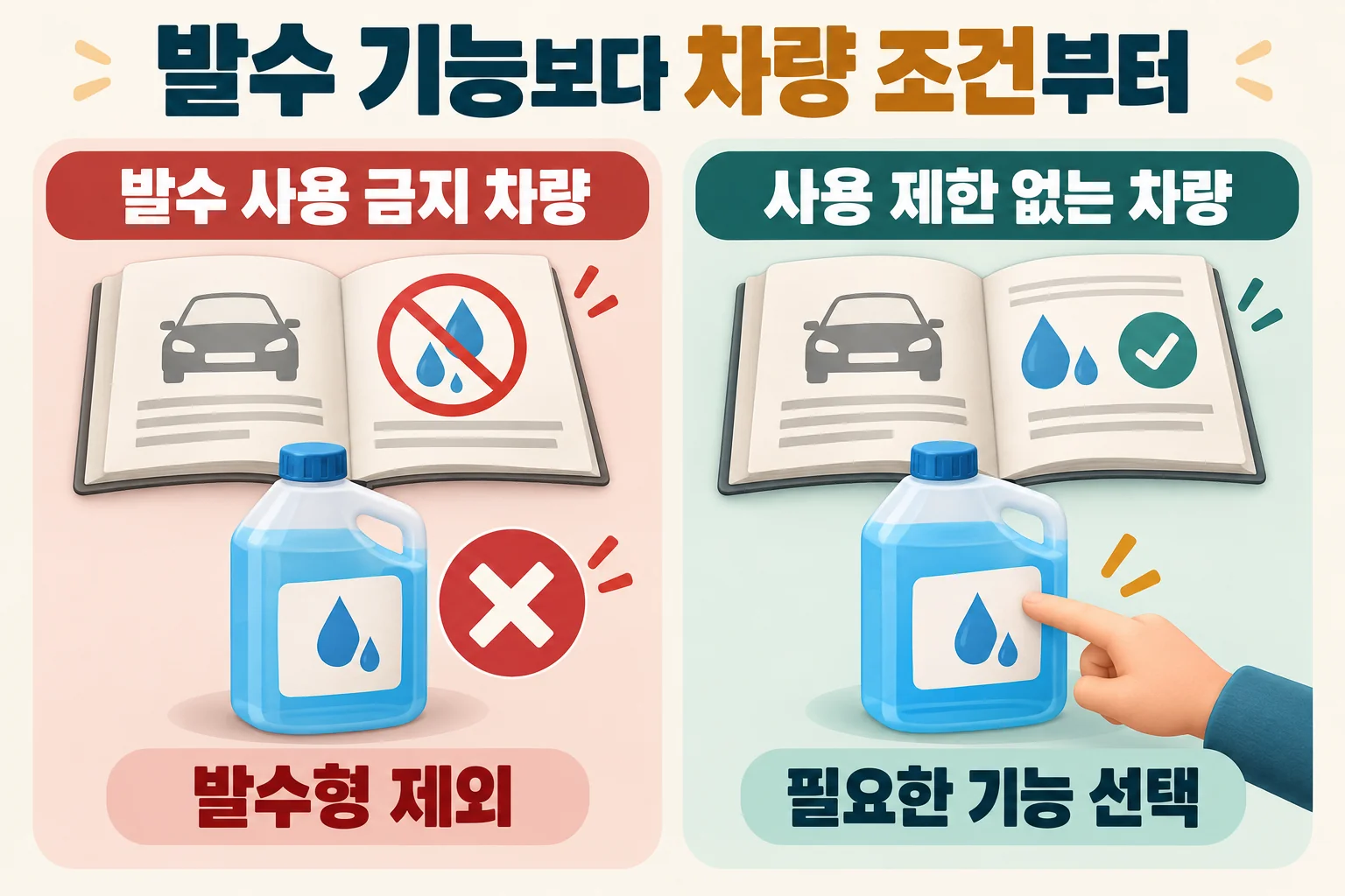 차량 설명서가 발수 사용을 금지하면 발수형을 제외하고, 제한이 없을 때 필요한 기능을 선택하는 그림