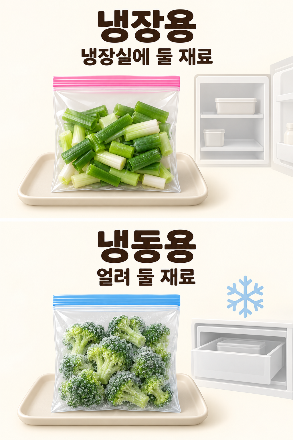 냉장고에 둘 재료는 냉장용, 얼려 둘 재료는 냉동용 봉투에 보관